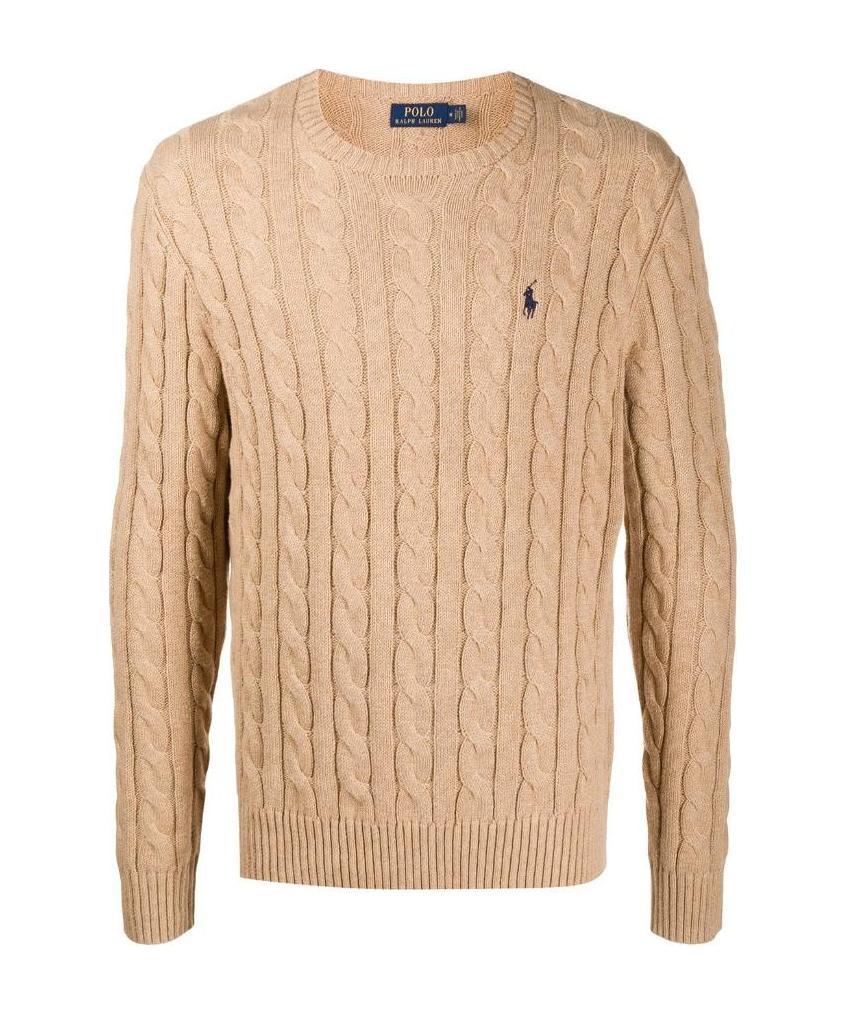 Polo Ralph Lauren Beige Cable Knit Crewneck Sweater With Pony Embroidery On The Front In Wool And Cashmere Man In Brown