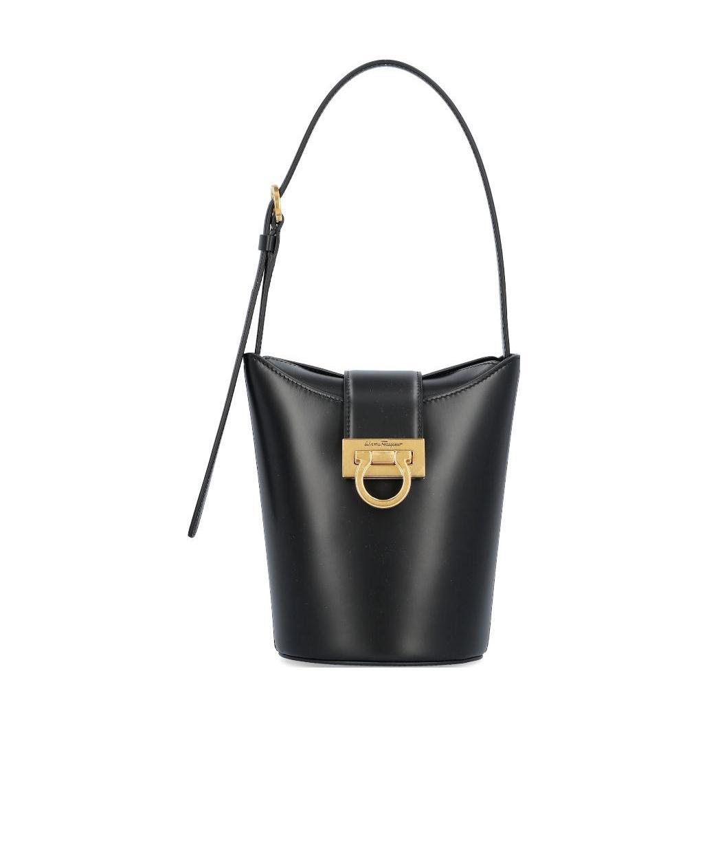 Ferragamo Structured Calfskin Bucket Bag In Black