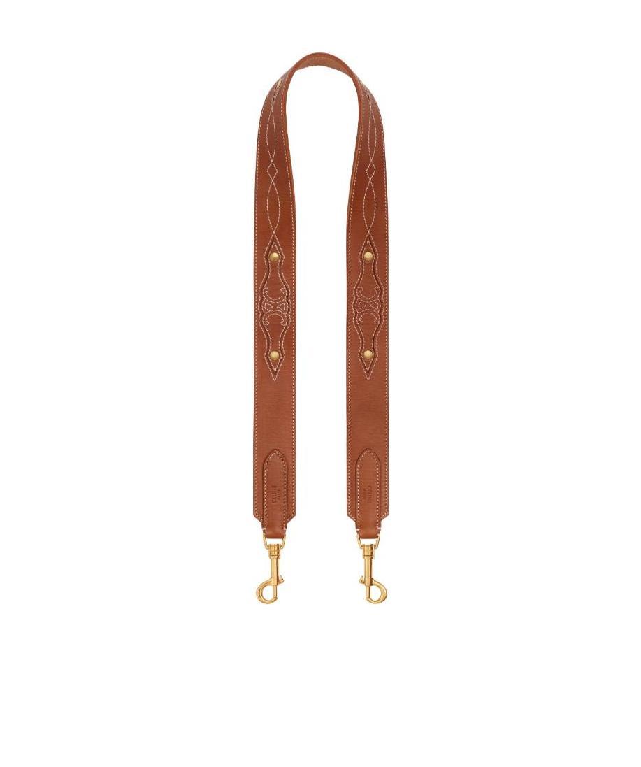 Celine Triomphe Strap Belt Embroidered Denim Style Leather In Brown