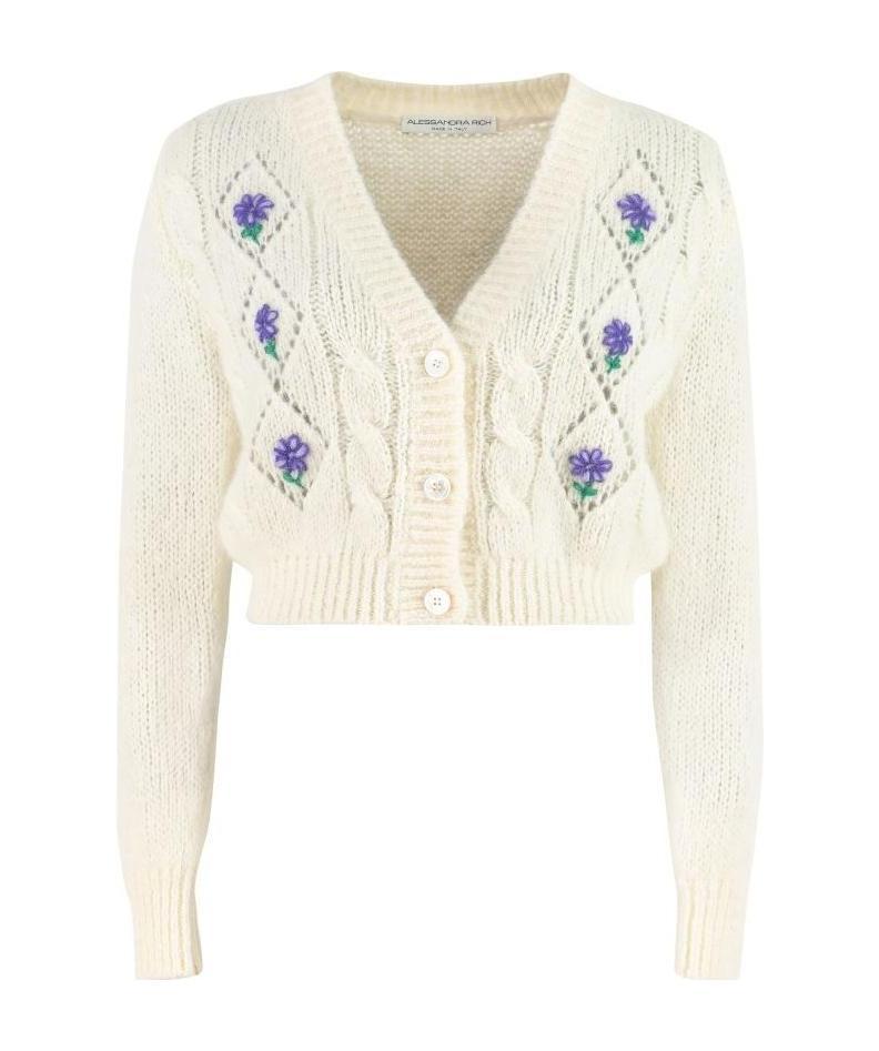 Alessandra Rich Floral-embroidered Wool Cardigan In White