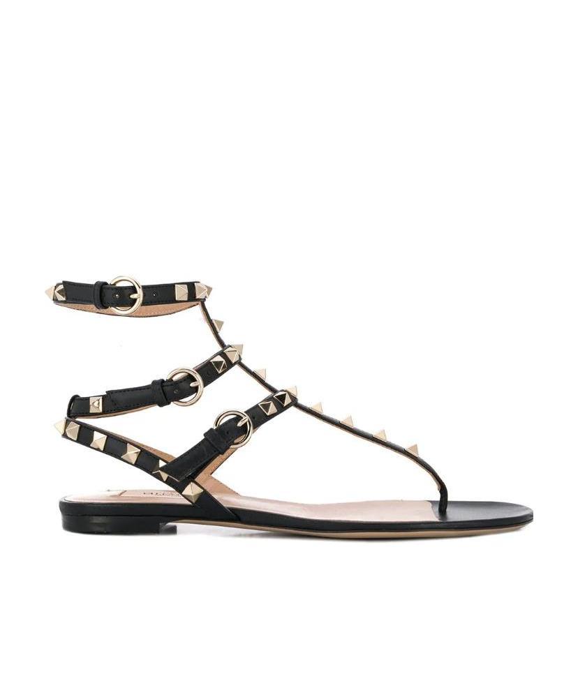 Valentino Rockstud Calfskin Flat Flip-flop Sandal In Black
