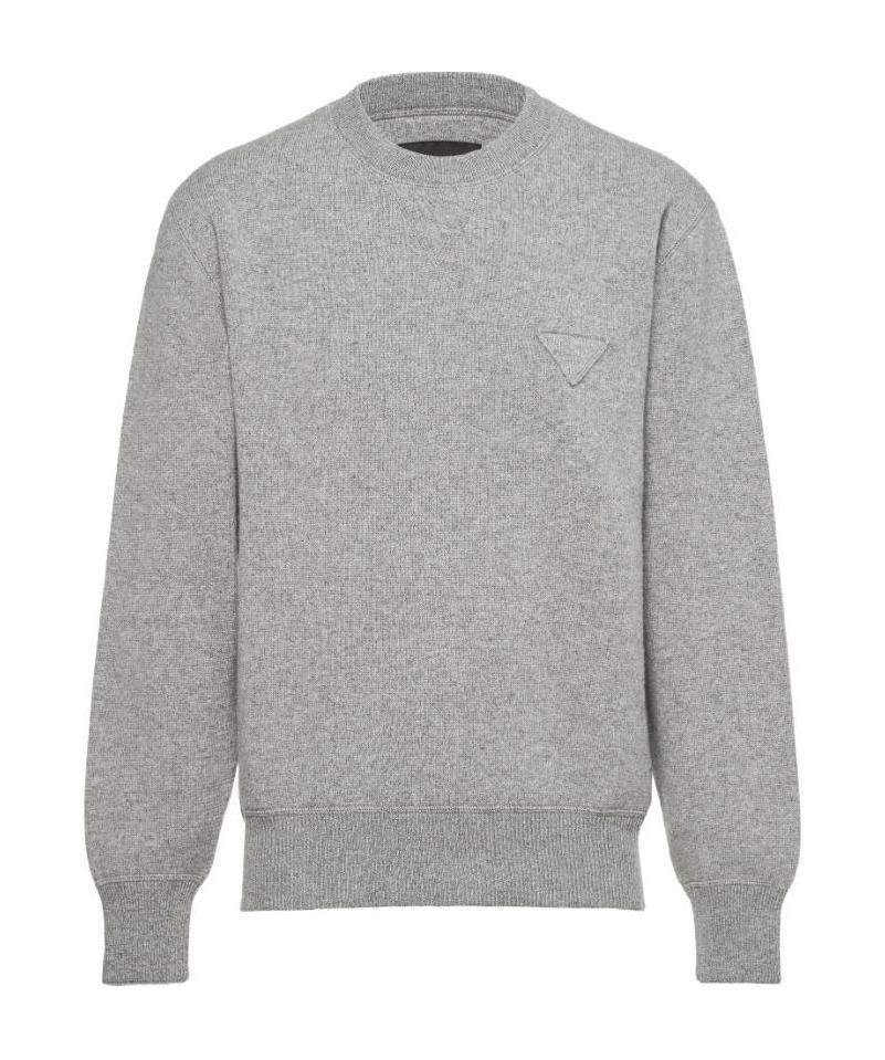 Prada Ribbed Crew-neck Cashmere Blend Sweater In Gray