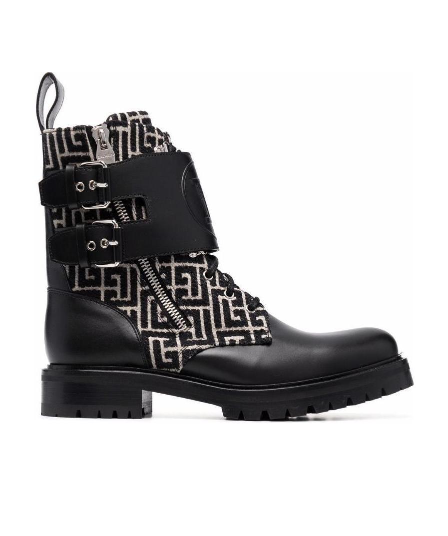 Balmain Bicolor Smooth And Monogram Jacquard Phil Ranger Ankle Boots In Black