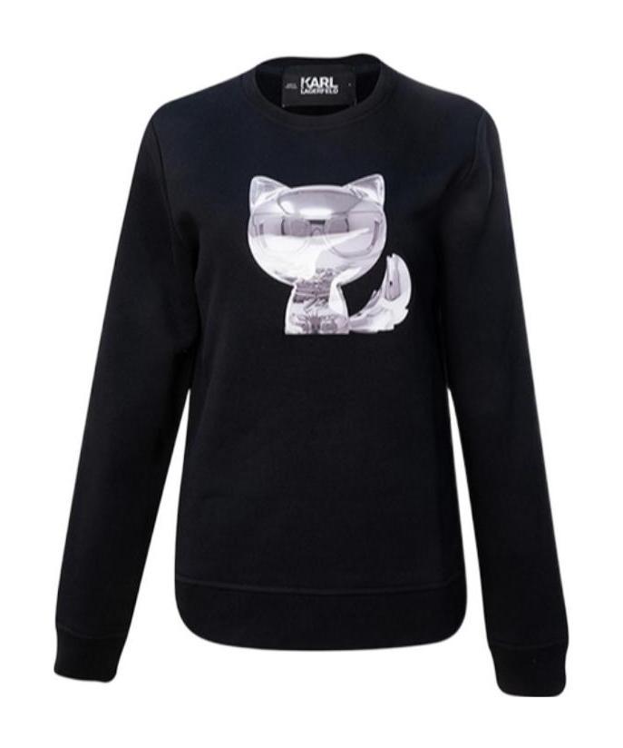 Shop Karl Lagerfeld Black Round Neck Velvet Sweater