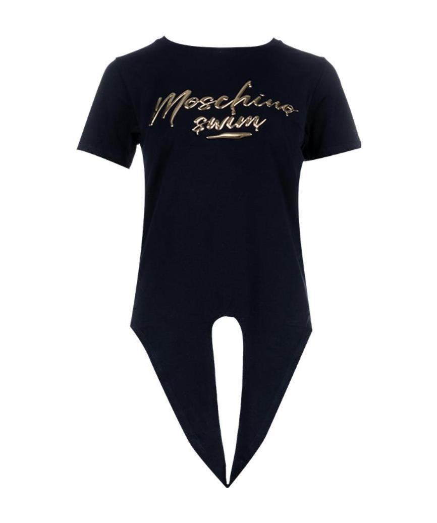 Moschino Black T-shirt With Round Collar And Knot Hem In Black