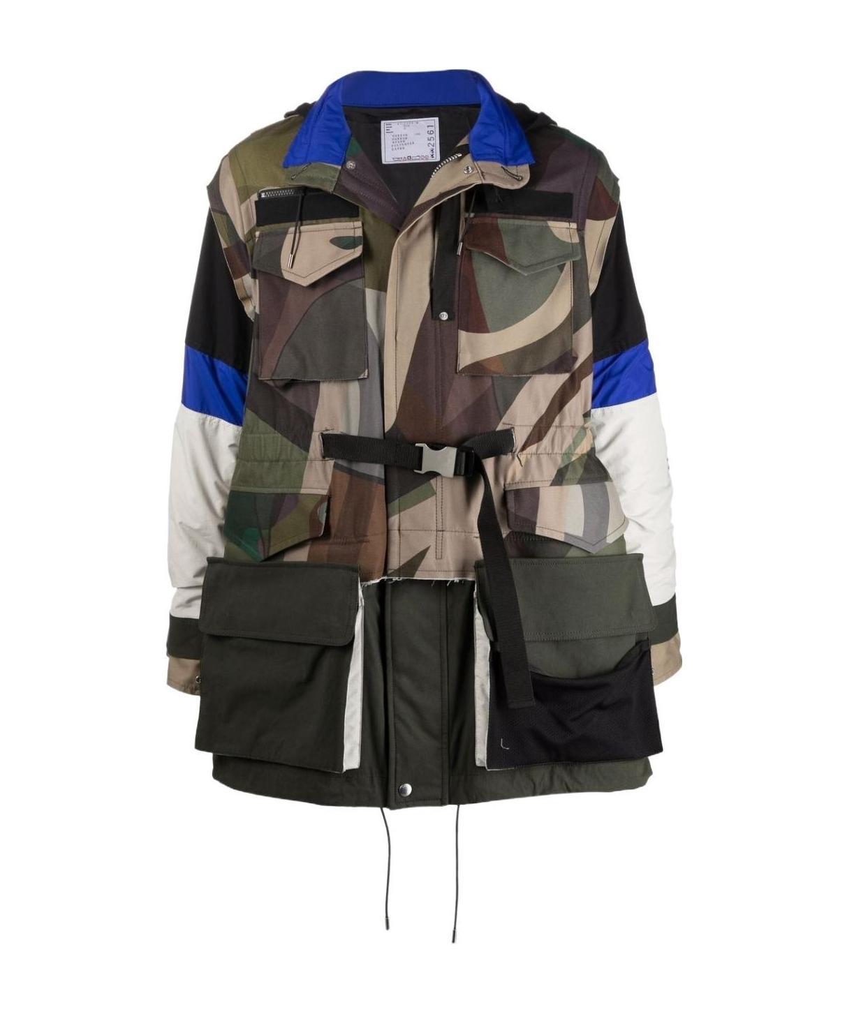 Sacai Abstract-print Colour-block Parka In Gray