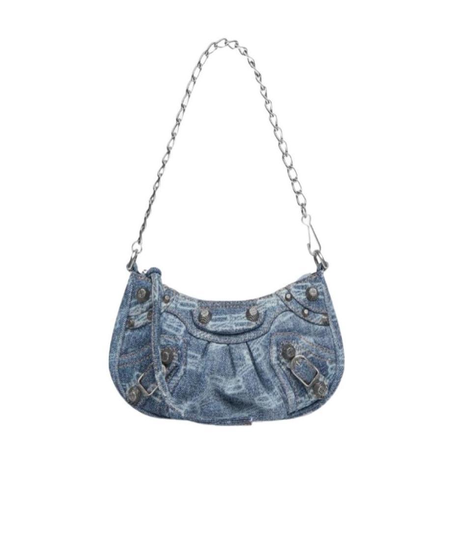 Balenciaga Le Cagole Mini Studded Printed Denim Shoulder Bag In Blue
