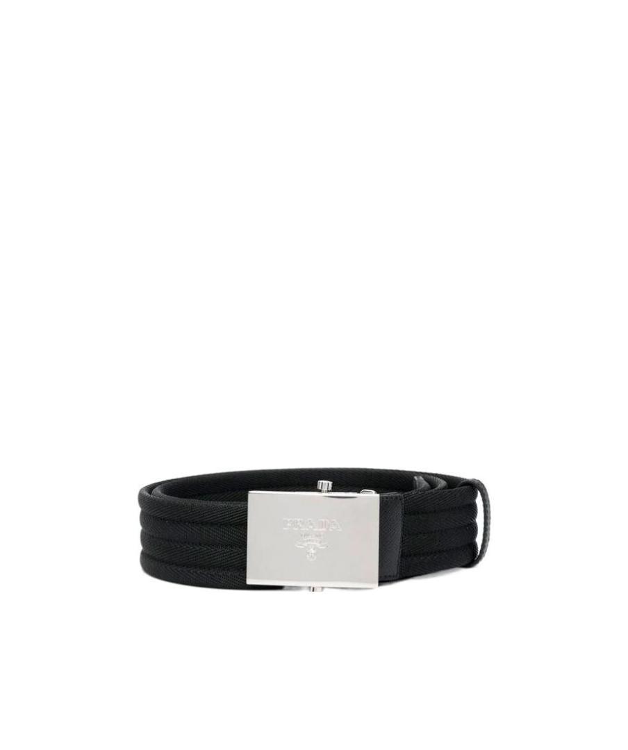 Prada Engraved-logo Woven Belt In Black