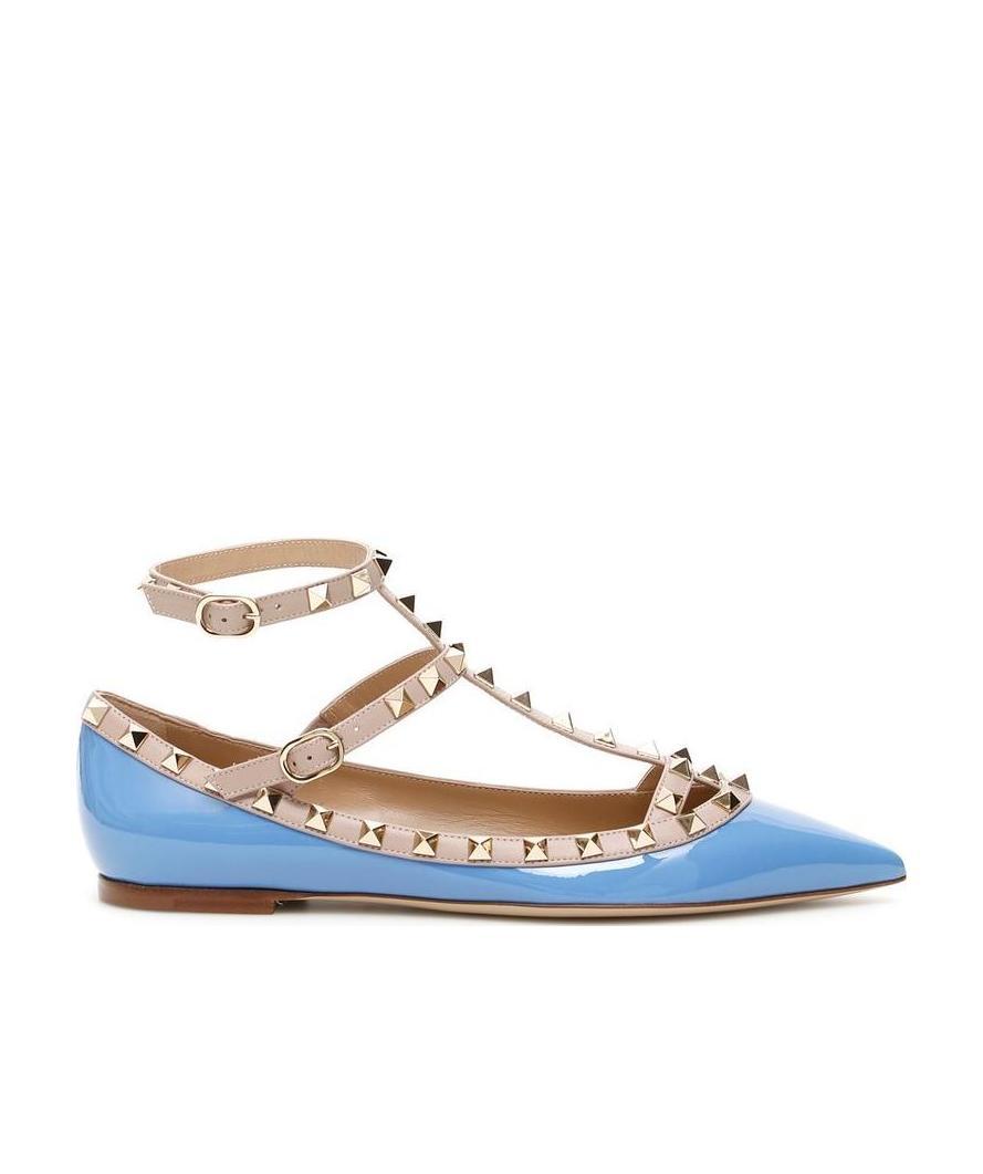 Valentino Rockstud Patent-leather Ballet Flats In Blue