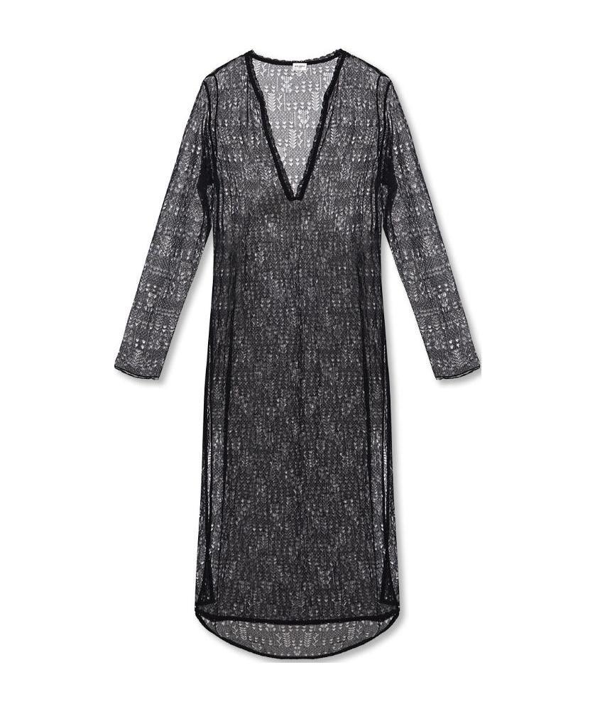 Saint Laurent Open-knit Long-sleeved Tunic Dress In Black