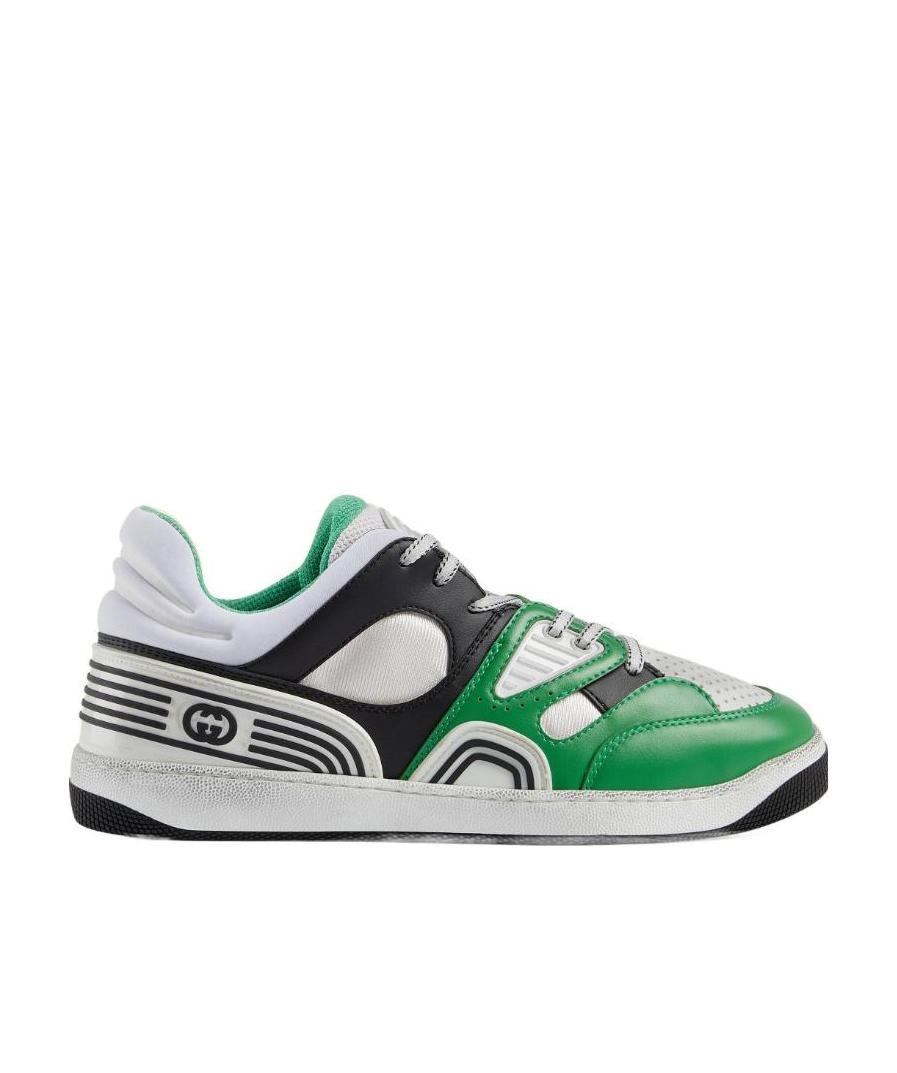 Gucci Basket Distressed Leather Sneakers In Gray