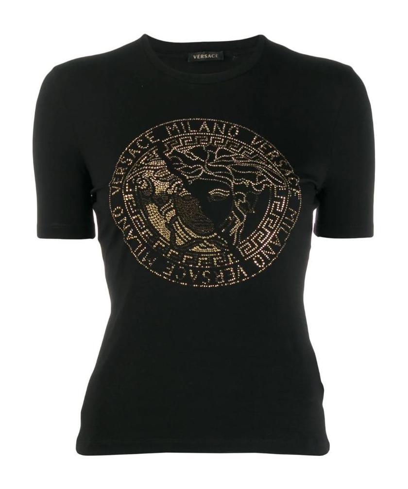 Versace Rainbow Strass Medusa Logo T-shirt In Black