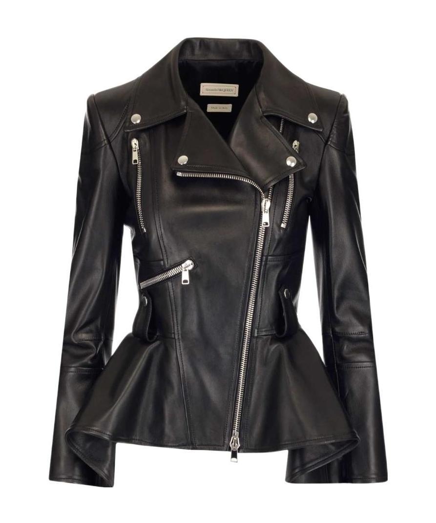Alexander Mcqueen Frock-detail Peplum Leather Biker Jacket In Black