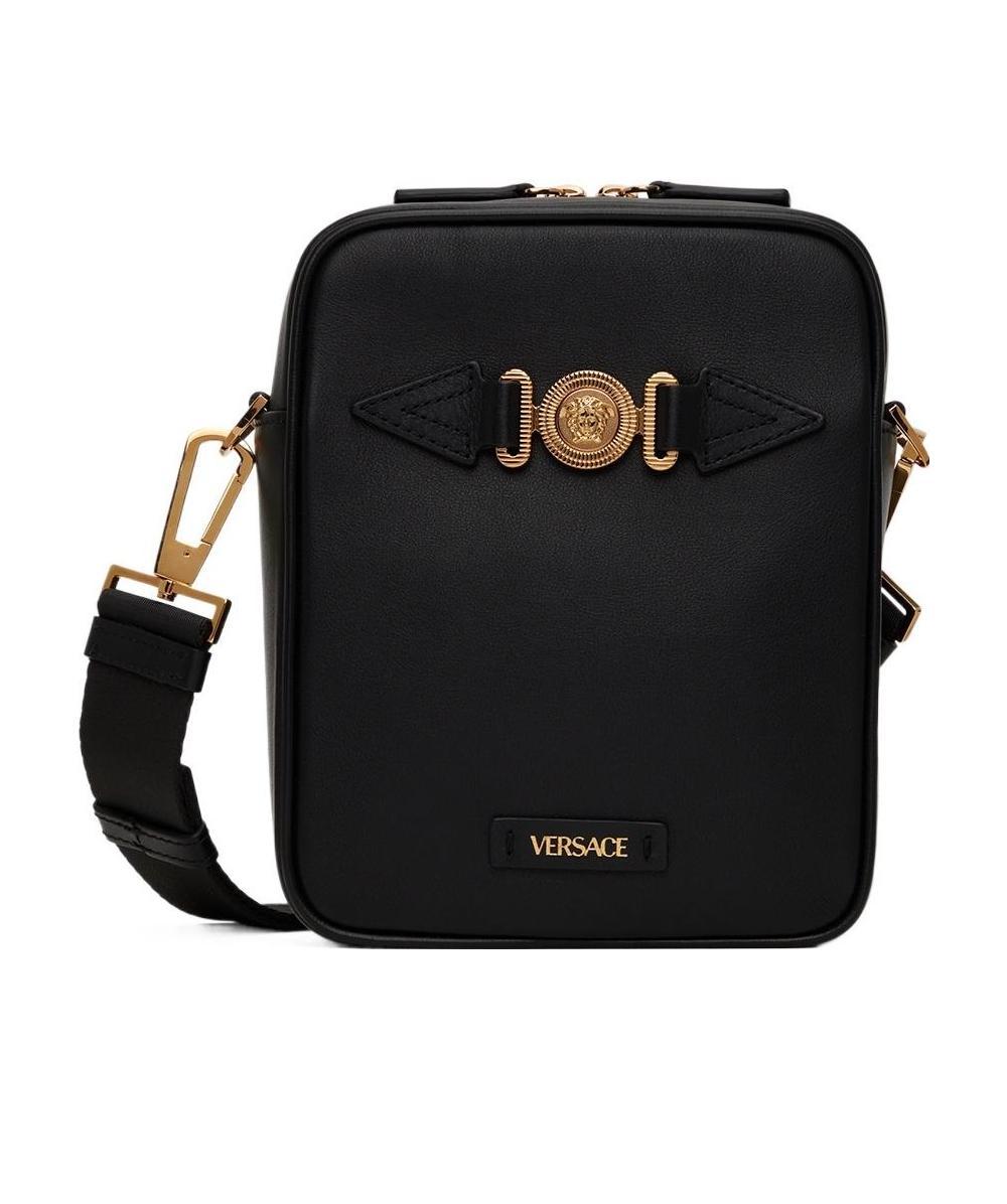 Versace Medusa Leather Messenger Bag In Black