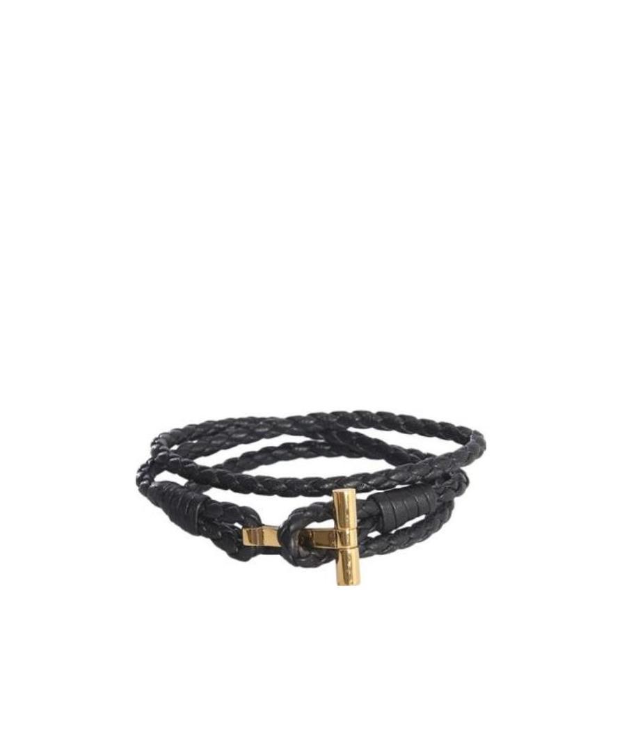 Tom Ford Black Bracelet With T Detail In Braided Leather Man In Black