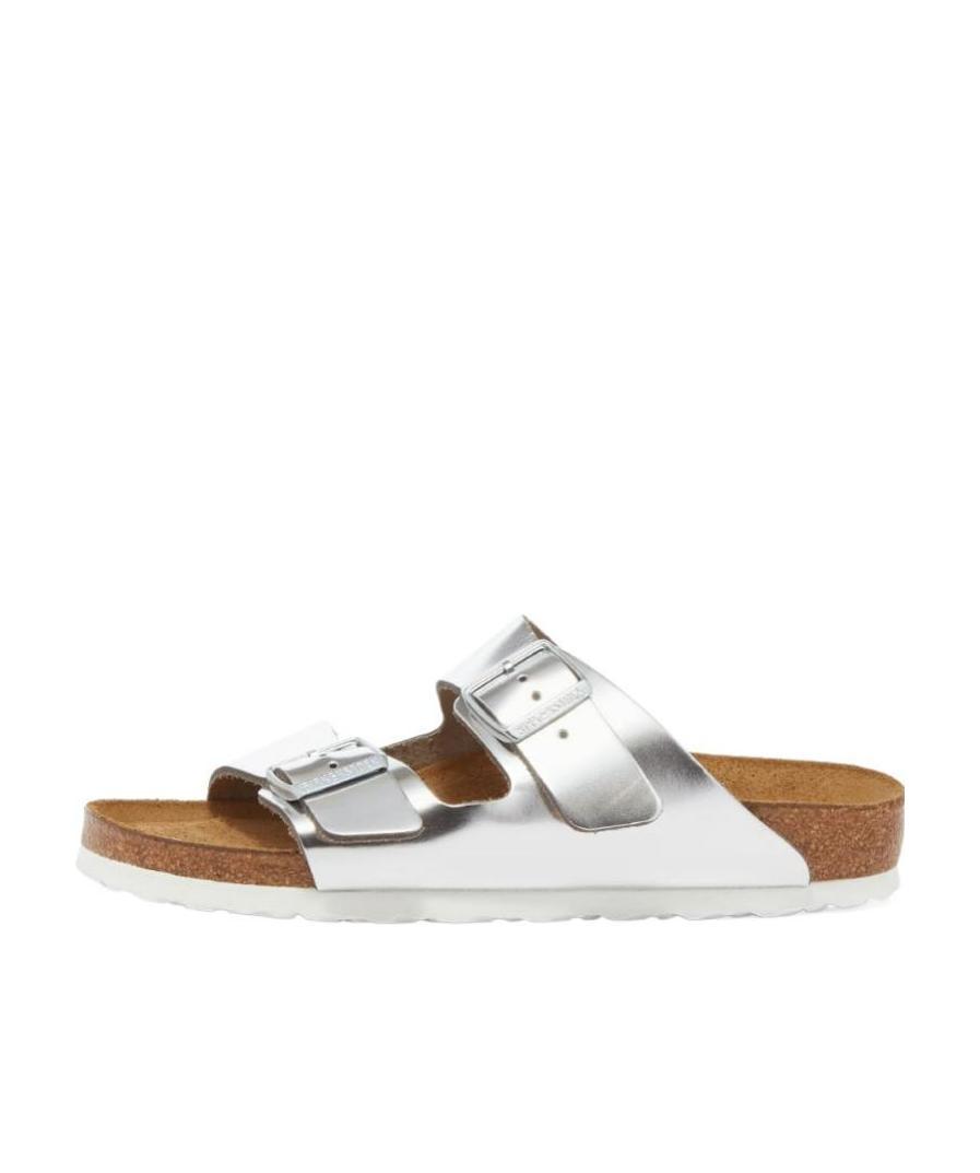 Shop Birkenstock Metallic Buckled Sliders In White