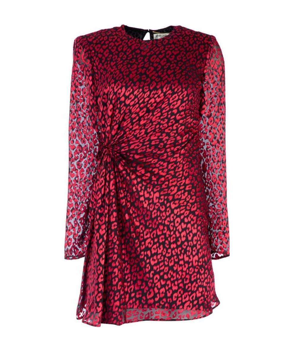 Saint Laurent Silk Pleated Detail Dress In Red