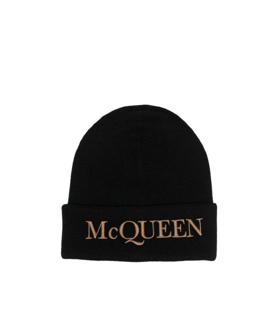 Alexander Mcqueen Embroidered-logo Ribbed Beanie In Black