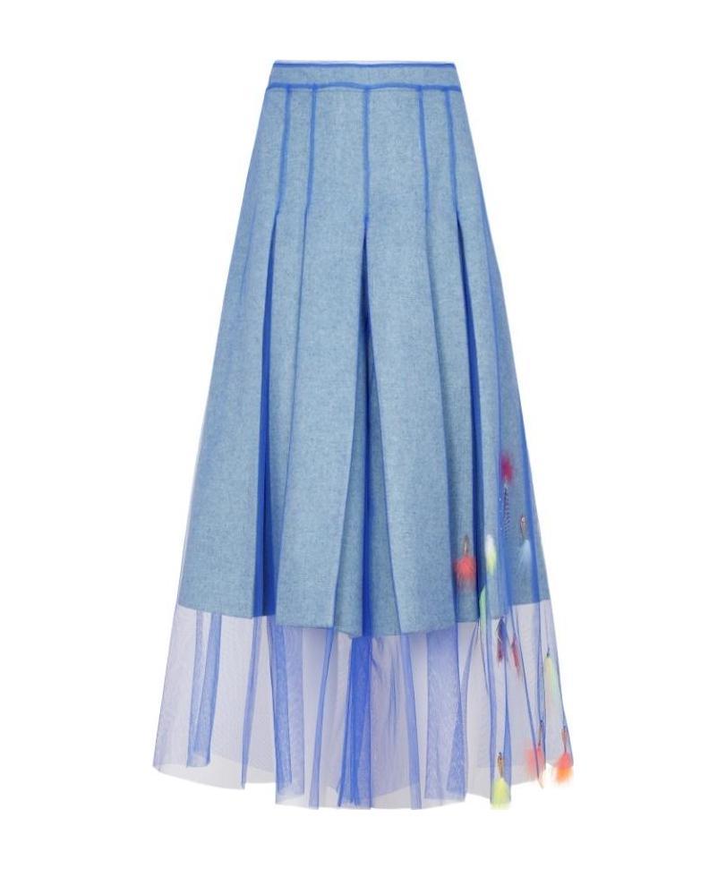 Maison Margiela Feather-detail Tulle-overlay Pleated Culottes In Blue