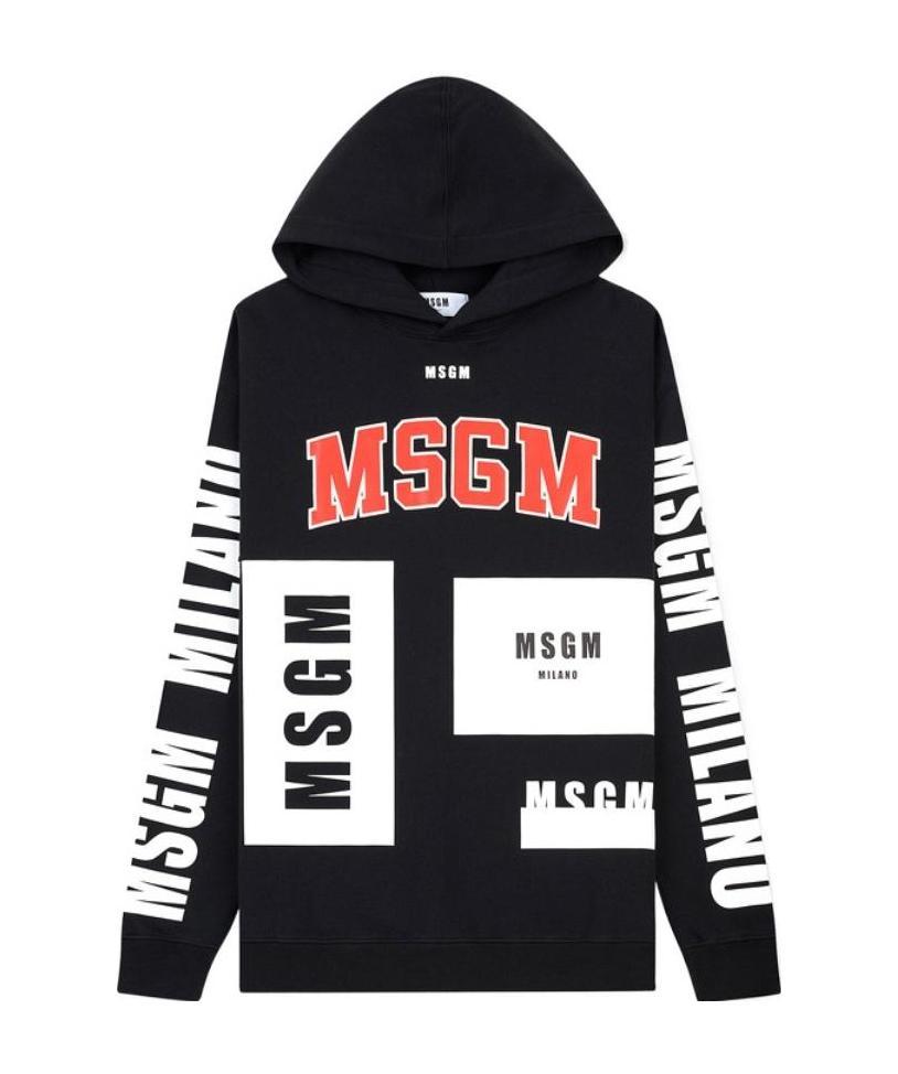 Msgm Black Printed Hooded Hoodie In Black