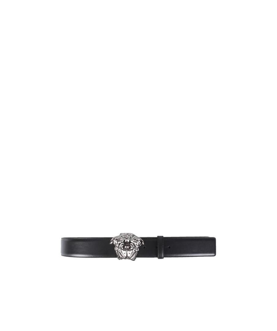 Versace Medusa Head Gold-toned Buckle Leather Belt In Black