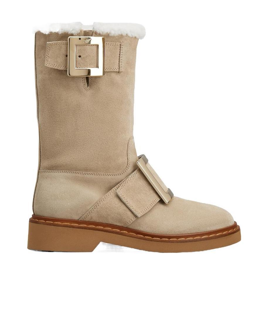 Roger Vivier Calf Suede Buckle Boots In Nude
