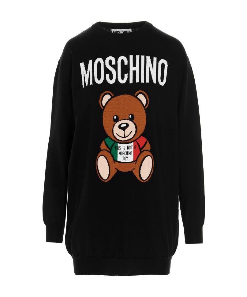 Moschino Logo-print Bear-motif Sweater Dress In Black