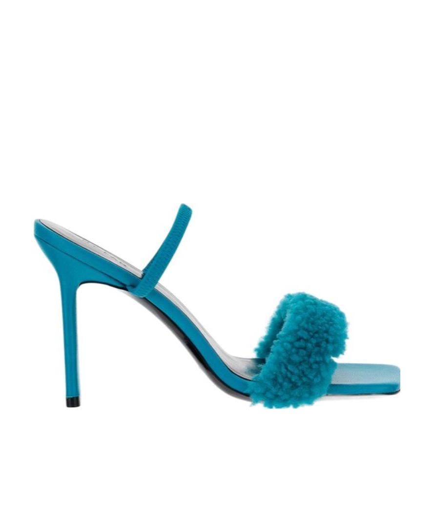 Shop By Far Shearling Heeled Sandals In Blue