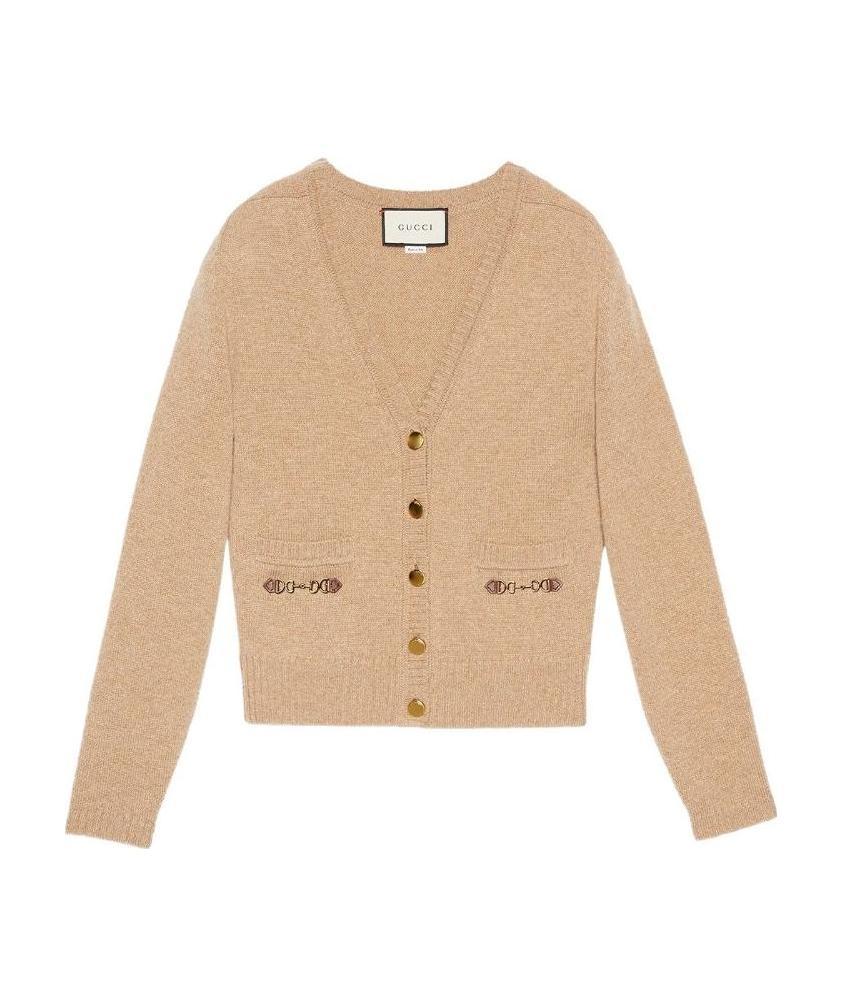 Gucci Cashmere Knit Cardigan W/ Horsebit In Brown