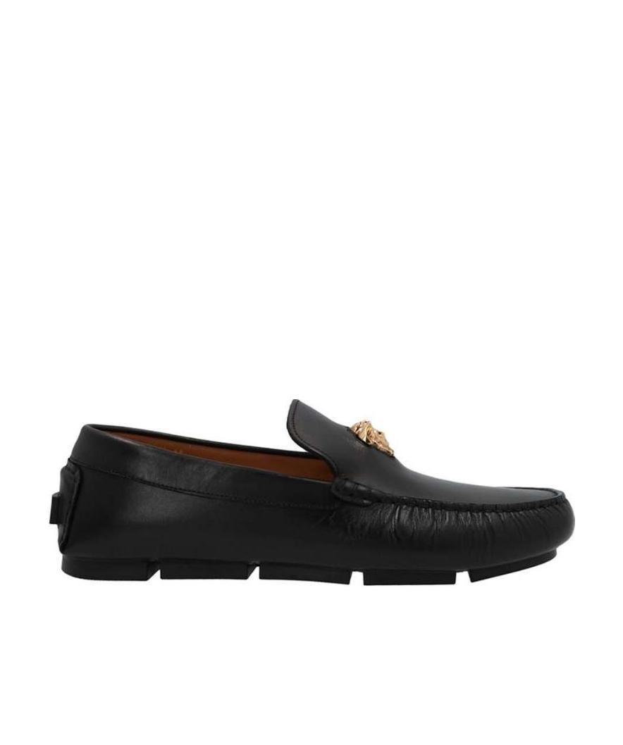 Versace Logo Plaque Leather Loafers In Black