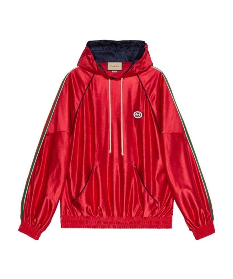 Gucci Web High-shine Drawstring Hoodie In Red