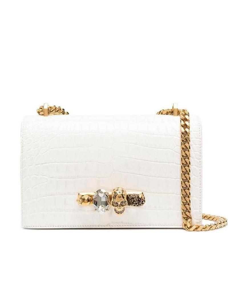 Alexander Mcqueen Mini Jeweled Croc Embossed Leather Satchel In White