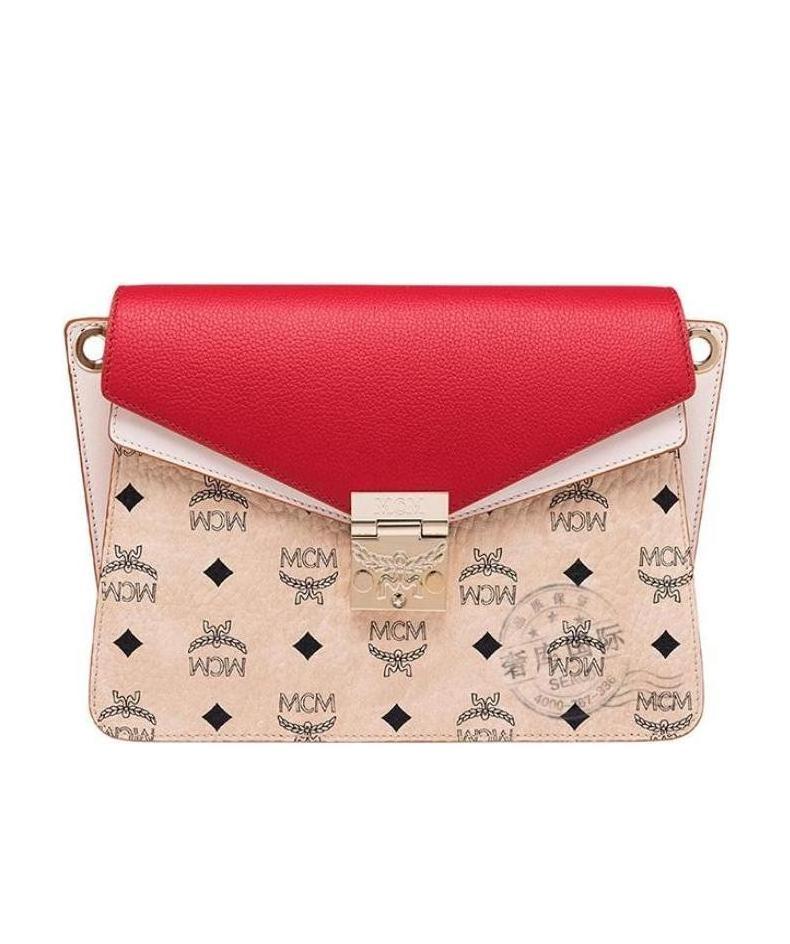 Mcm Stitched Printed Letter Shoulder Bag In Red