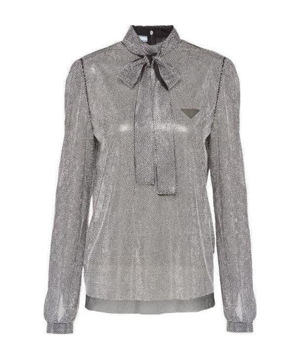 Prada Rhinestone-studded Pussy-bow Silk Blouse In White