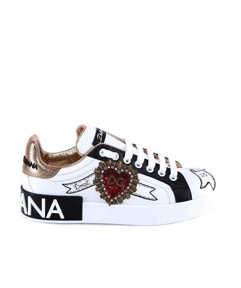 Dolce & Gabbana Calfskin Portofino Sneakers With Embroidery In White