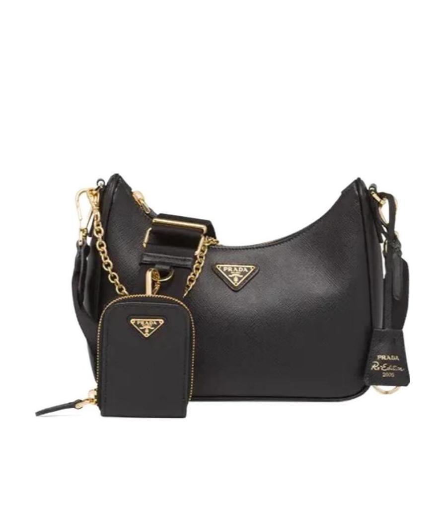 Prada 2005 Re-edition Saffiano Leather Shoulder Bag In Black