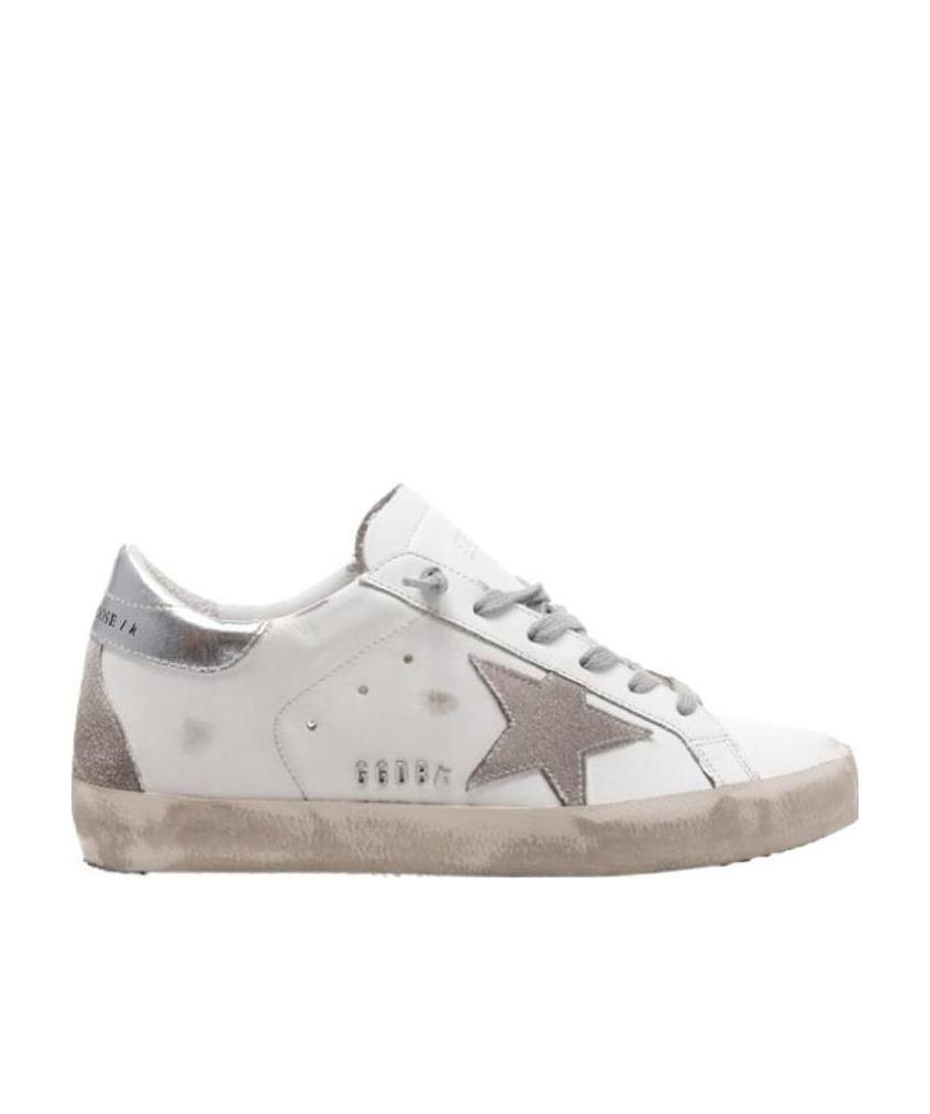 GOLDEN GOOSE MENS SUPER-STAR SNEAKERS WITH SILVER HEEL TAB AND METAL STUD LETTERING