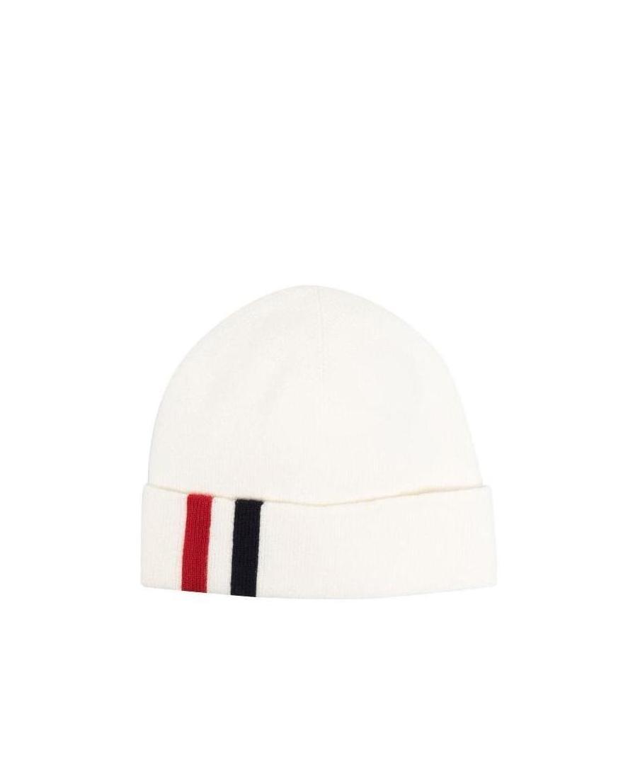Thom Browne Stripe Detail Merino Beanie In White