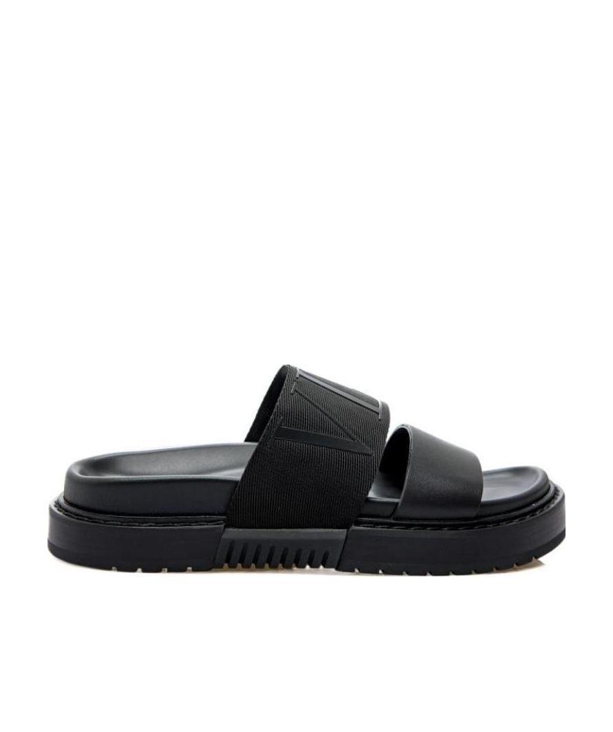 Valentino Logo-embossed Leather Slides In Black