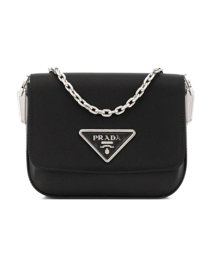 Prada Enamel Triangular Motif Shoulder Bag In Black