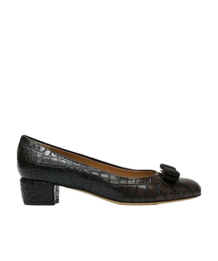 Ferragamo Vara Q Bow-embellished Quilted Patent-leather Pumps In Black