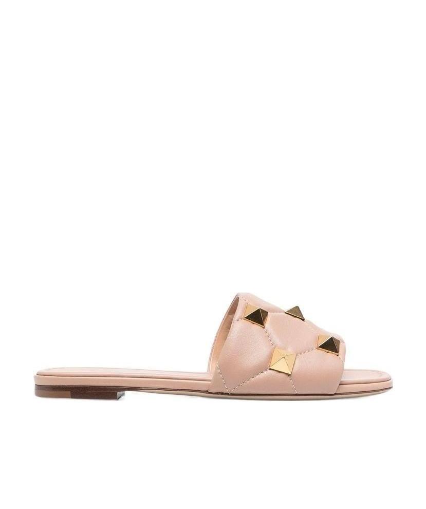 Valentino Rockstud Quilted Flat Sandals In Pink