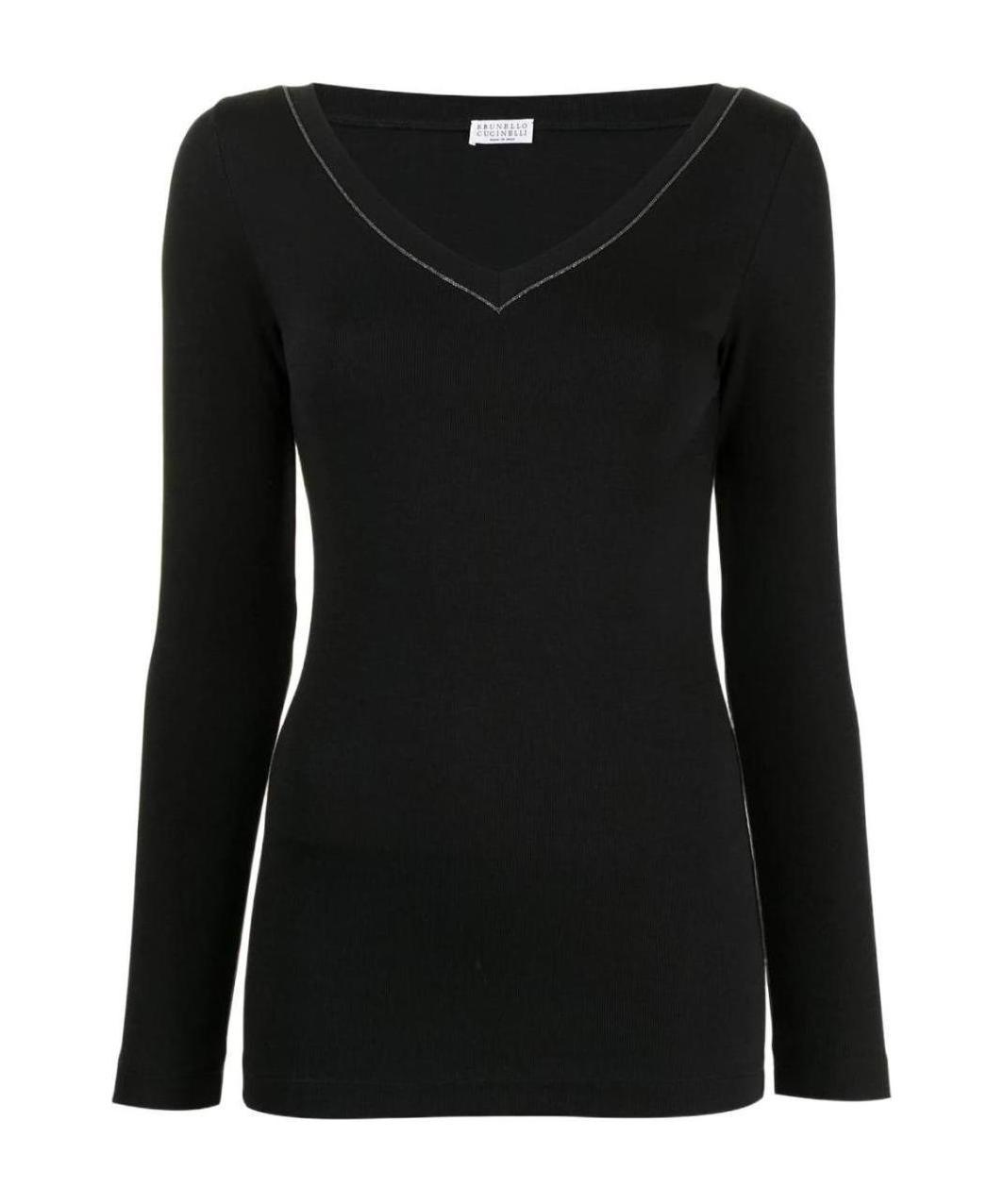 Brunello Cucinelli Black V-neck Pullover With Beads Detailing In Black