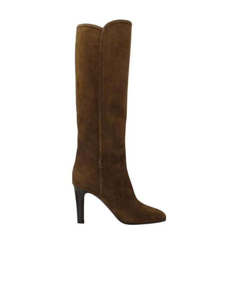 Saint Laurent Logo-plaque Suede Boots In Brown