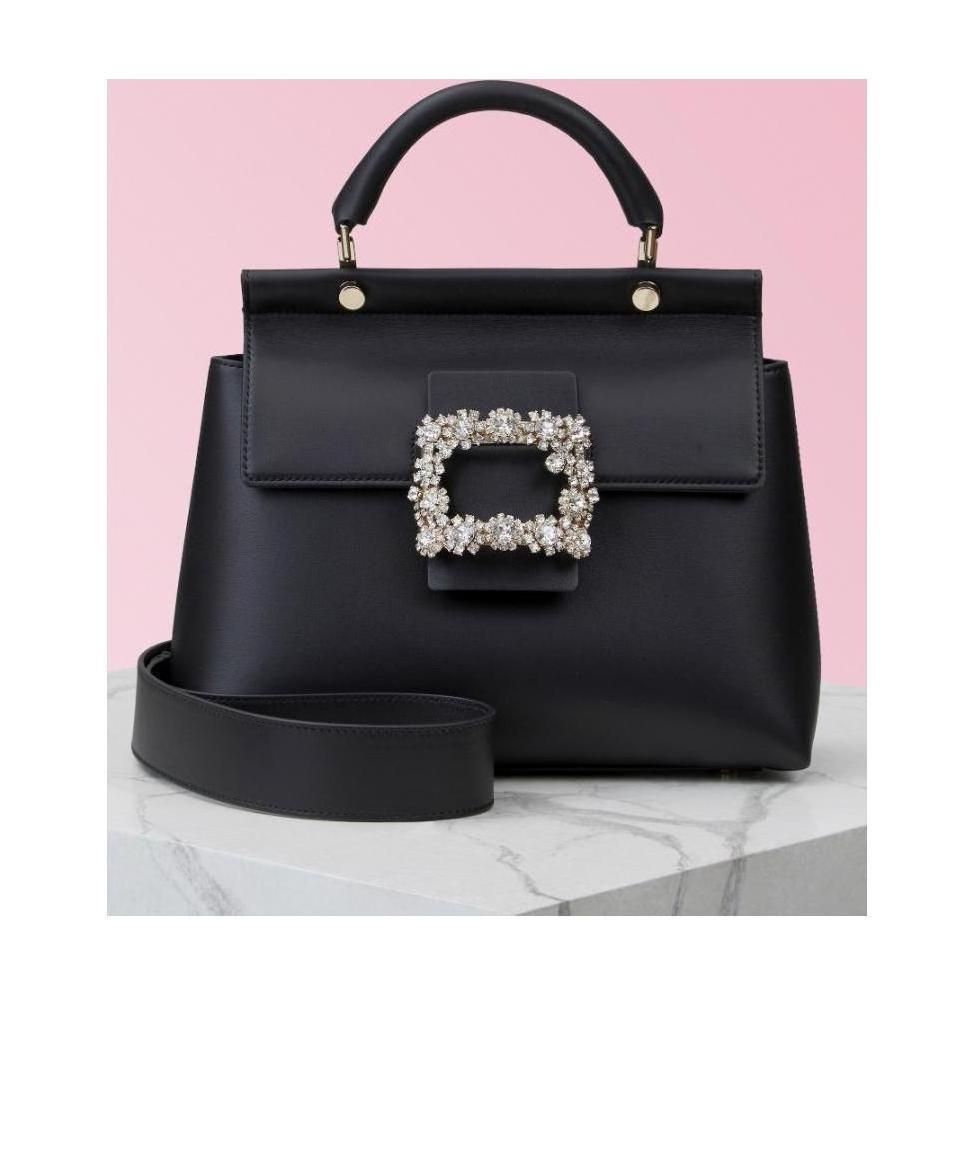 Roger Vivier Cabas Viv Flower Strass Buckle Handbag In Black