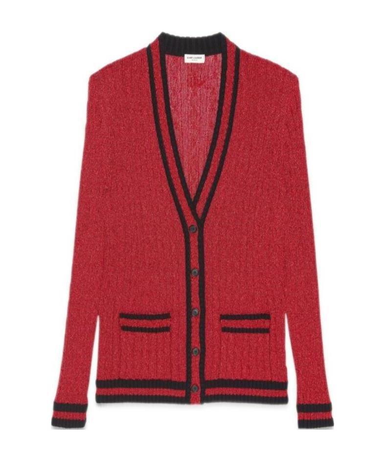 Saint Laurent Striped Metallic Cable-knit Cardigan In Red