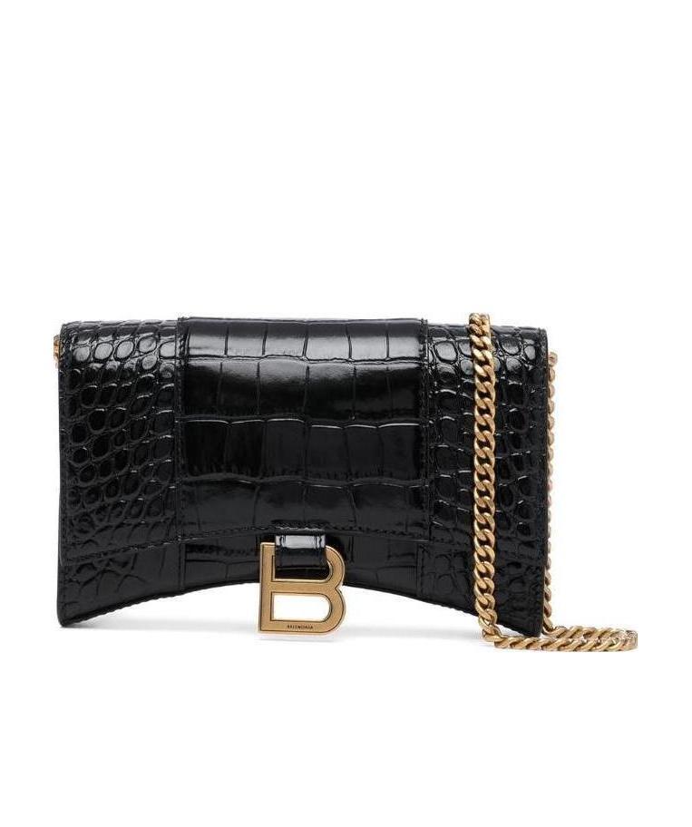Balenciaga Hourglass Crocodile-effect Chain Wallet In Black