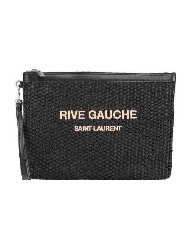 Saint Laurent Rive Gauche Raffia Clutch Bag In Black