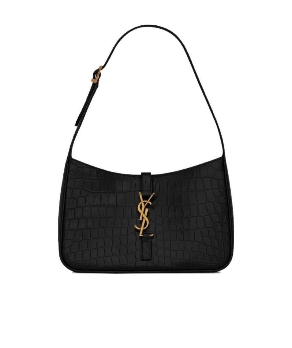 Saint Laurent Crocodile Embossed Hobo Bag With Gold-tone Hardware In Black