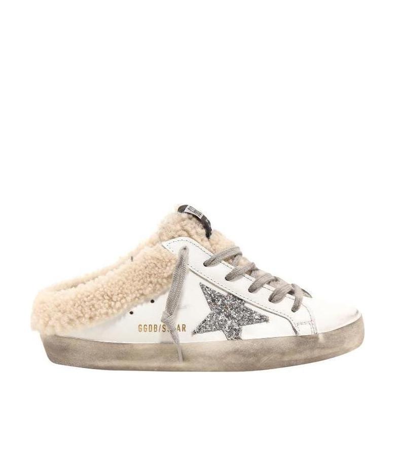 Shop Golden Goose Super-star Sabots In White Leather With Silver Glitter Star And Shearling Lining In Nude